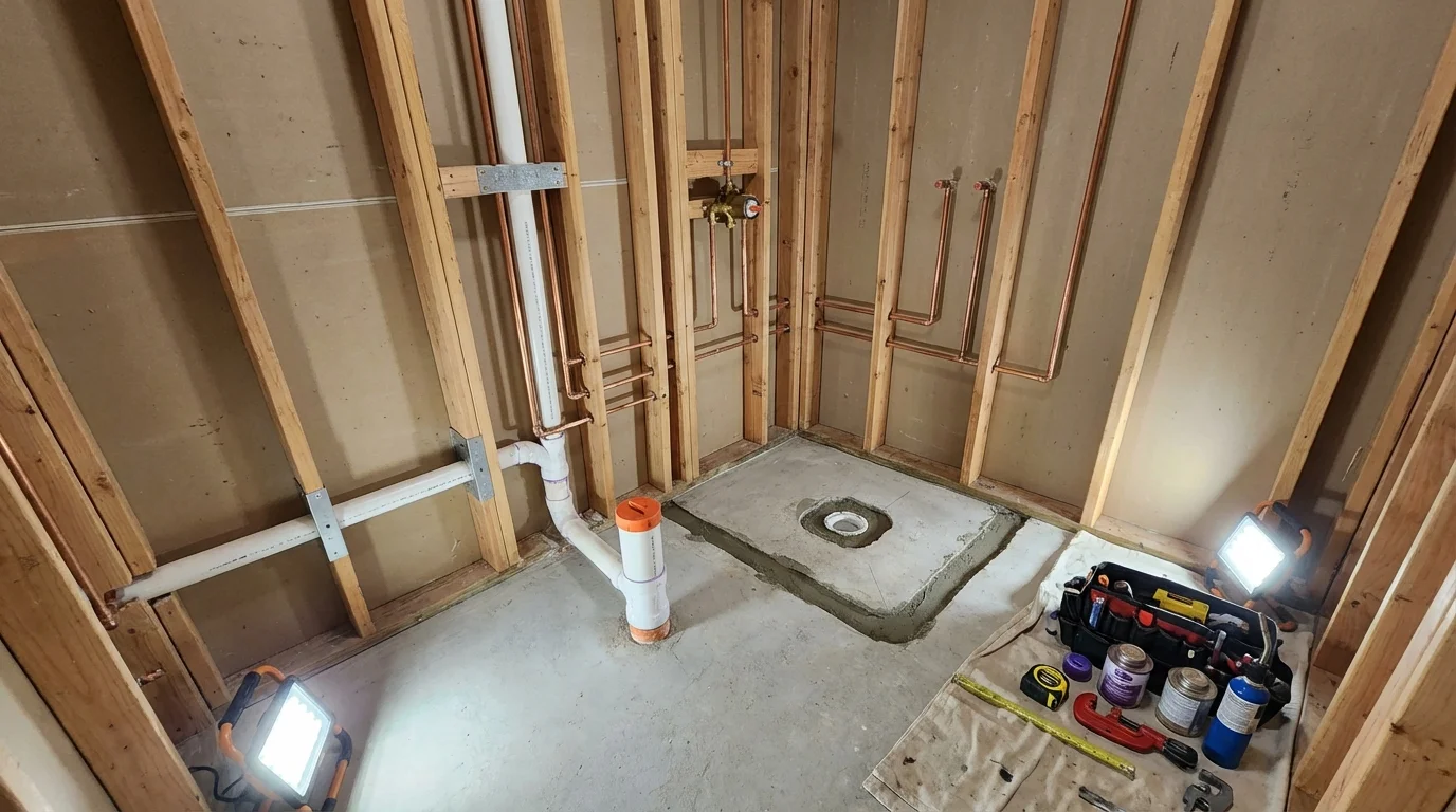 Bathroom rough-in plumbing during remodel by Johns Plumbing LLC in Gainesville