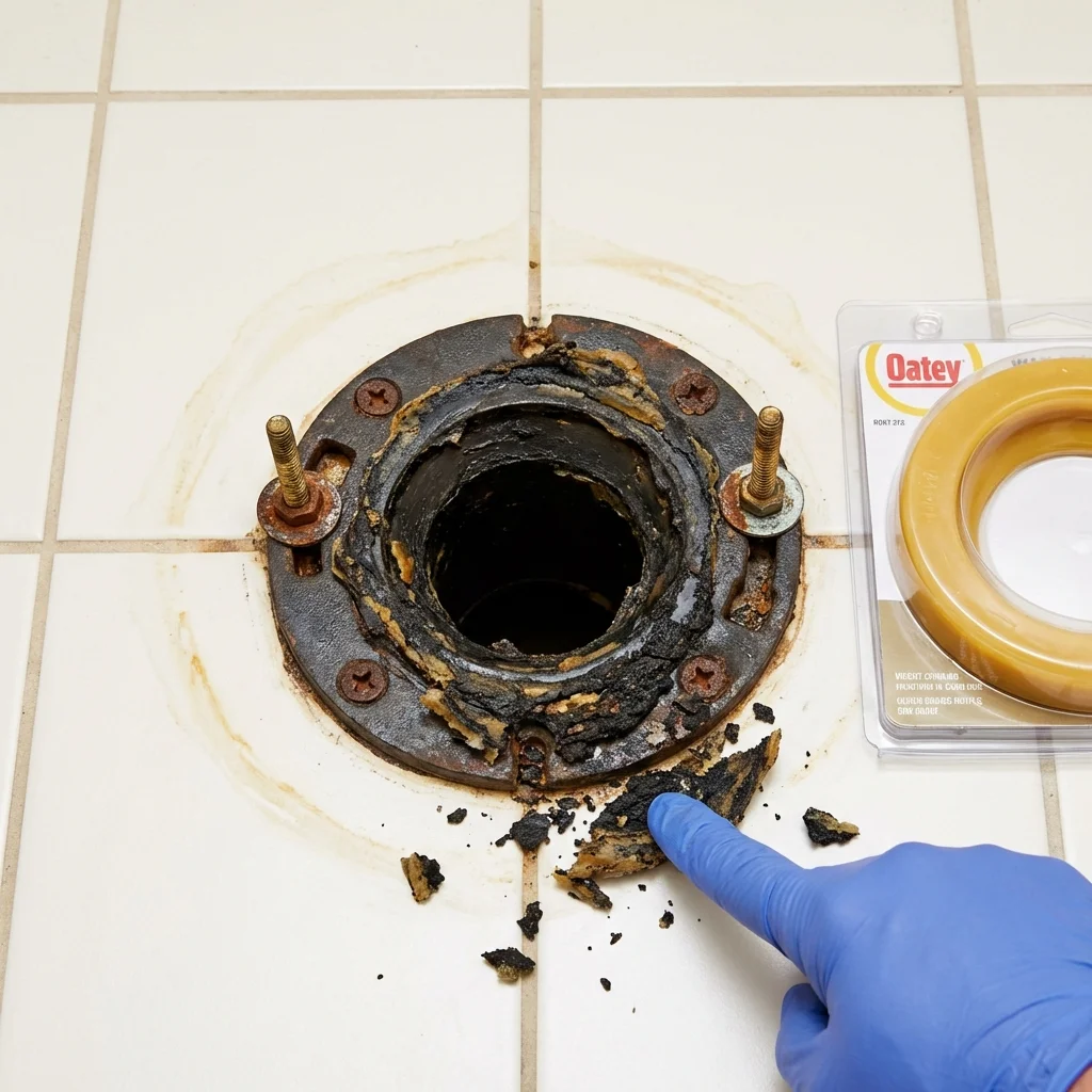 Failed wax ring showing water seepage at the base of a toilet in a Gainesville, FL home