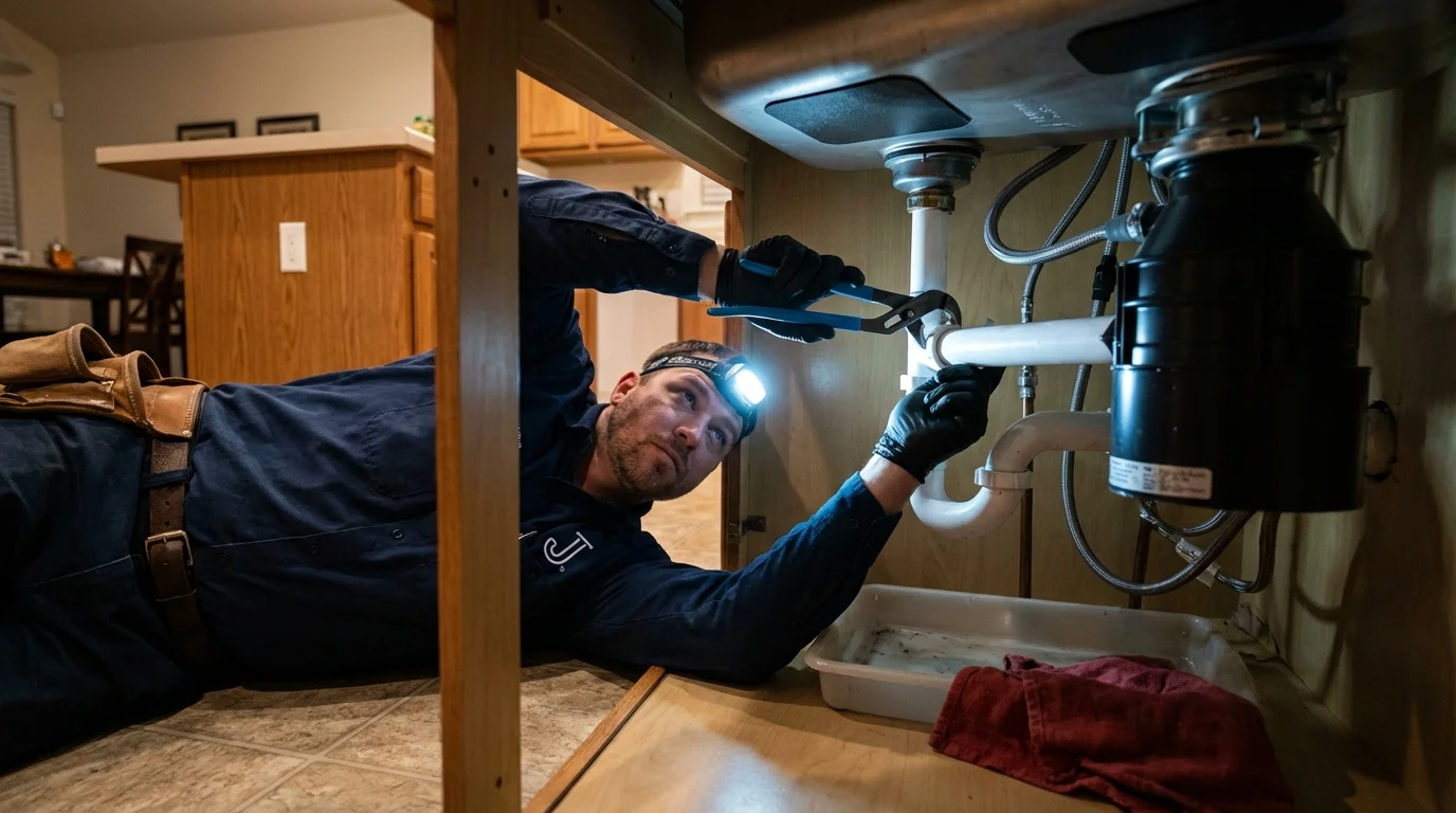 P-trap and supply line connections under a kitchen sink showing a common leak point in Gainesville, FL
